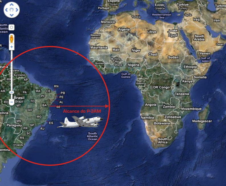 No gráfico feito a partir do Google Earth, o raio de ação do P-3AM da FAB, de 2.070 milhas ou cerca de 3.835km.
