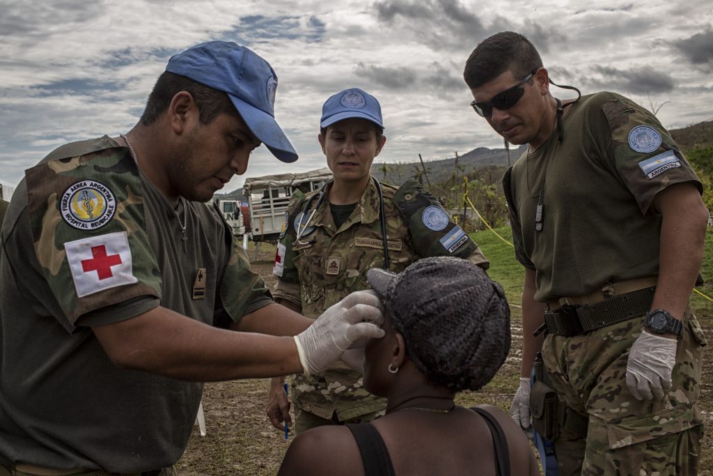 Argentinian peacekeepers with the United Nations Mission in Haiti (MINUSTAH) gave medical aid to people affected by Hurricane Matthew Wednesday October 19, 2016. The category 4 hurricane passed across the western region of Haiti leaving nearly complete destruction in its wake. Photo Logan Abassi UN/MINUSTAH