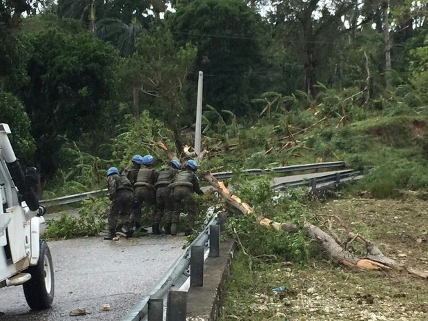 Militares do Brasil tiram árvores de estrada com acesso bloqueado a comunidade no sul do país (Foto: Contingente do Brasil no Haiti/Divulgação)