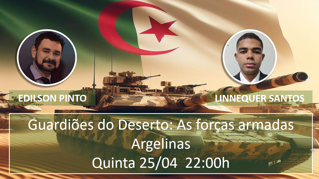 Nesta live abordaremos a desconhecida porém poderosa potência militar da África,  As forças Armadas da Argélia, seu aparato militar, estrutura e   ______________________________________________________________ A live especial contará com nossos analistas LINNEQUER SANTOS Ex-militar do Exército Brasileiro especialista em Logística e Explosivos, é Biólogo Licenciado e Graduado pelo Centro Universitário São Lucas de Porto Velho (Rondônia), graduando em História pela Universidade da Amazônia (UNAMA) e em Física pelo Centro Universitário de João Pessoa (UNIPE). É pesquisador do idioma Persa e do processo revolucionário nos países do Mundo Islâmico e do Oriente Médio. É analista e colaborador do site Plano Brazil, Arte da Guerra e Falando de Guerra.  EDILSON PINTO Graduado em Física pela UNESP-Bauru, Mestrado em Física pelo IFGW UNICAMP e Doutorado em Engenharia de Materiais pela Universidade de Coimbra, Portugal. Edilson Pinto é pesquisador e diretor de projetos na SinTech Innovation. É Pesquisador no campo dos Bio Materiais, materiais nanoestruturados, modificações de superfícies, polímeros condutores, sensores para eletroanálise e corrosão metálica. Possui experiência internacional, em projetos de pesquisa. É Editor chefe e criador do Plano Brazil e Colaborador e analista dos canais Arte da Guerra e História Militar em Debate (HMD) e Falando de Guerra. _______________________________________________________________  💡 Participe do Debate: Junte-se a especialistas e analistas de renome enquanto desvendamos os desenvolvimentos mais recentes e exploramos as estratégias em jogo.  📅 Data:  Quinta, 25 de abril 🕒 Horário: 22:00 (Horário de Brasília)  Não perca esta oportunidade de entender as complexidades dos conflitos no Oriente Médio e como eles impactam o mundo. Assista conosco e esteja pronto para fazer perguntas ao vivo!  _________________________________________________________________ O Plano Brazil  é mantido por voluntários e não possui fins lucrativos. Somos uma fonte independente, caso queria colaborar com o nosso trabalho, quaisquer  doações são bem vindas e fazem a a diferença. A sua contribuição apoia a nossa missão.  Faça uma doação  Banco Santander Ag 0680 CC 01057270-8